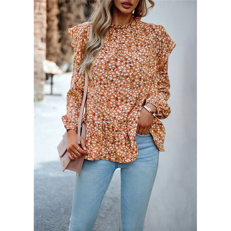Lace Collar Floral Wood Ear Trim Shirt