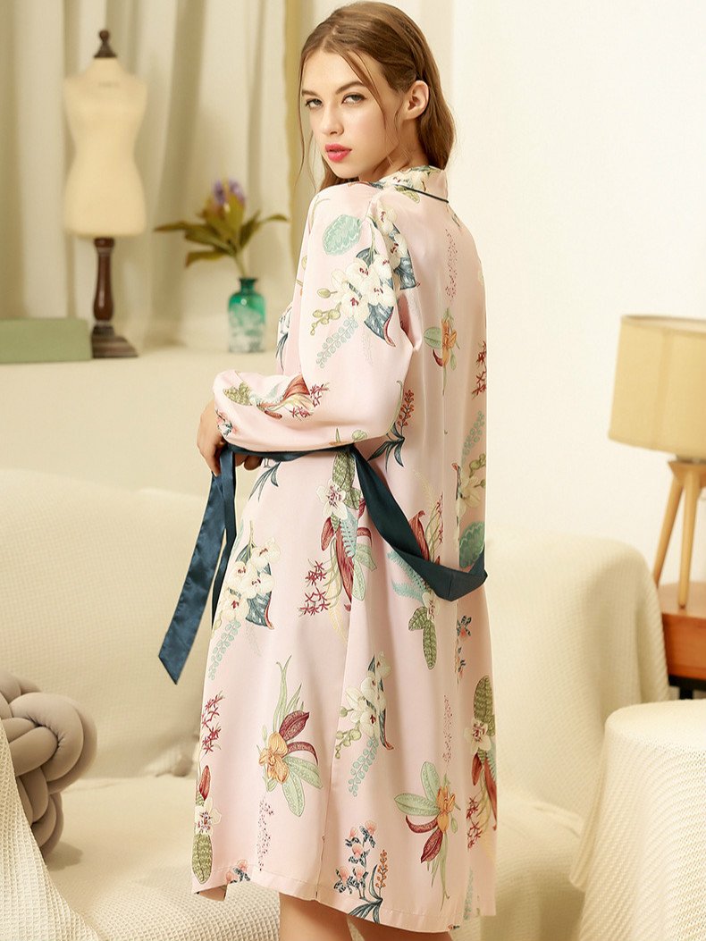 Suspender Ice Silk Solid Color Nightdress Set Printing Long Sleeve Nightgown Autumn And Winter Sexy Two Piece Set With Belt Pad