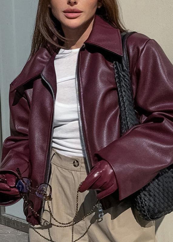 Faux Leather Zip Up Jacket Burgundy Modern