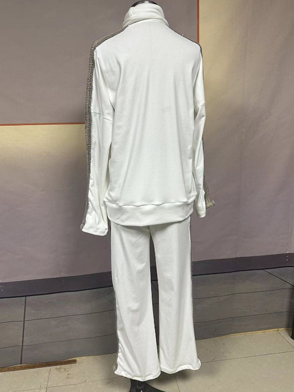 Wrap Contrast Color Sequined Split-Joint High-Neck Sweater Tops&Pants Suits