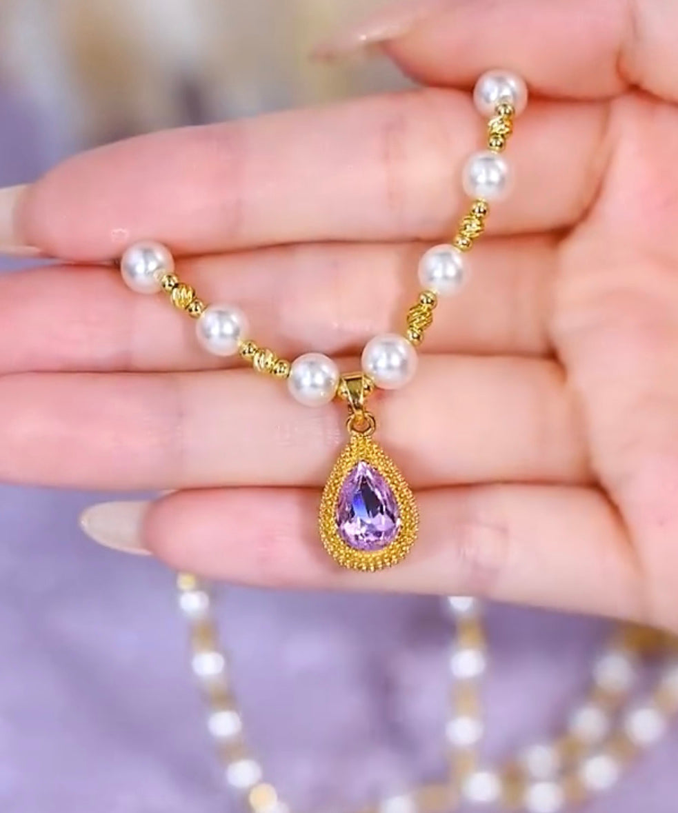 Beautiful Purple Sterling Silver Overgild Pearl Water Drop Pendant Necklace