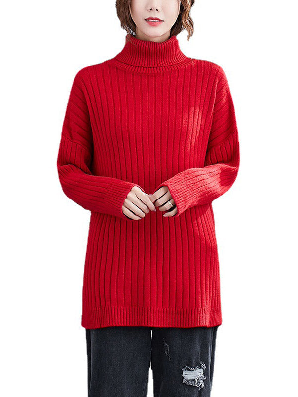 Simple Solid Color High-Neck Long Sleeves Sweater Top