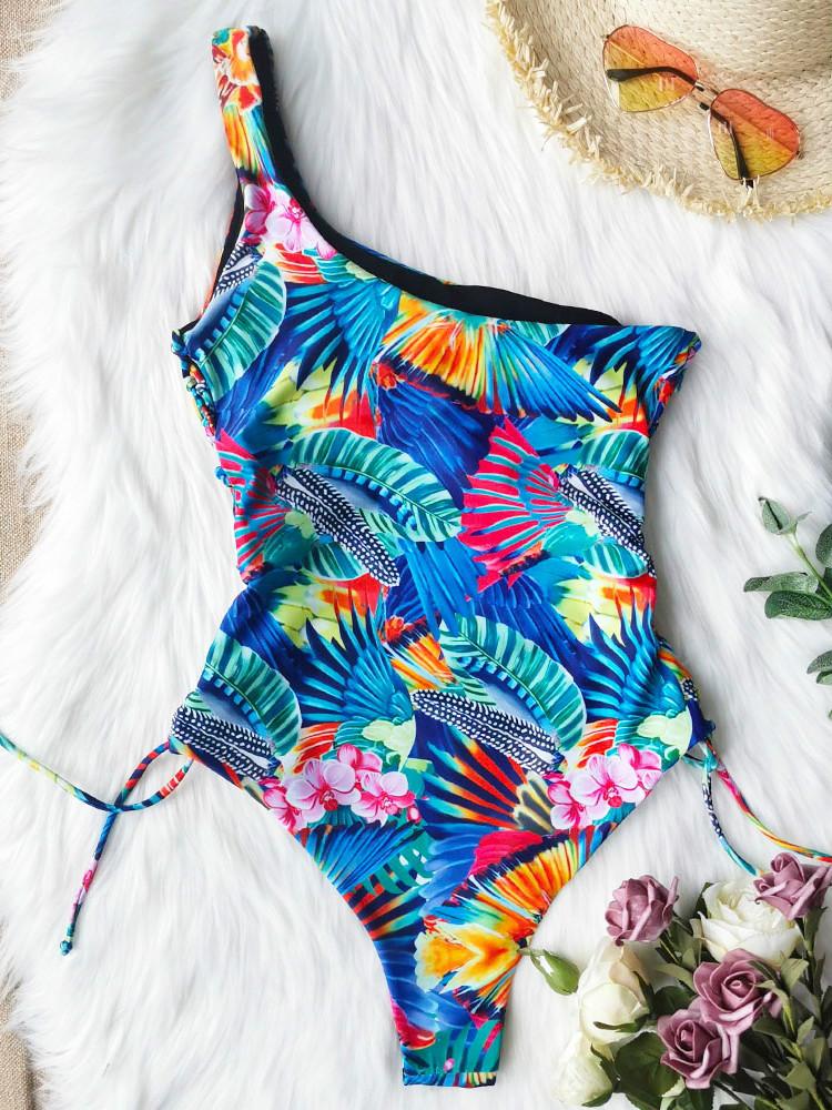 Women'S One Piece Swimsuit Print Sexy One Shoulder Strap Three Point Swimsuit