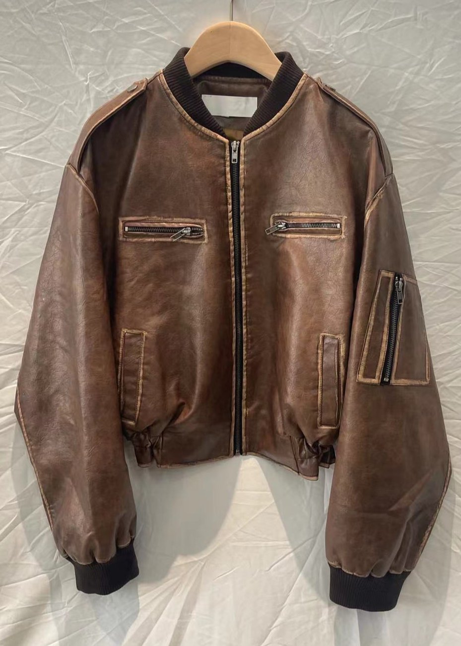 Faux Leather Bomber Jacket With Distressed Finish