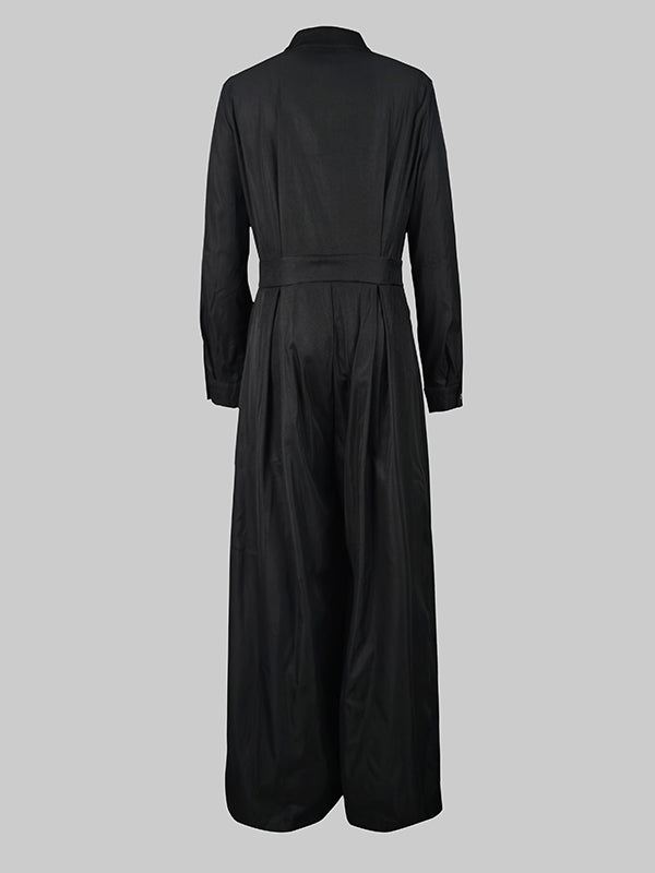 Long Sleeves Loose Buttoned No Belt Solid Color V-Neck Jumpsuits