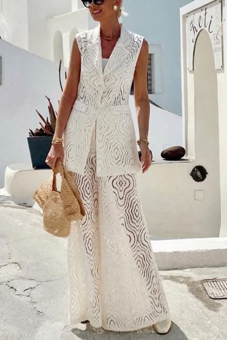 Santorini Dream Unique Lace Elastic Waist Wide Leg Pants