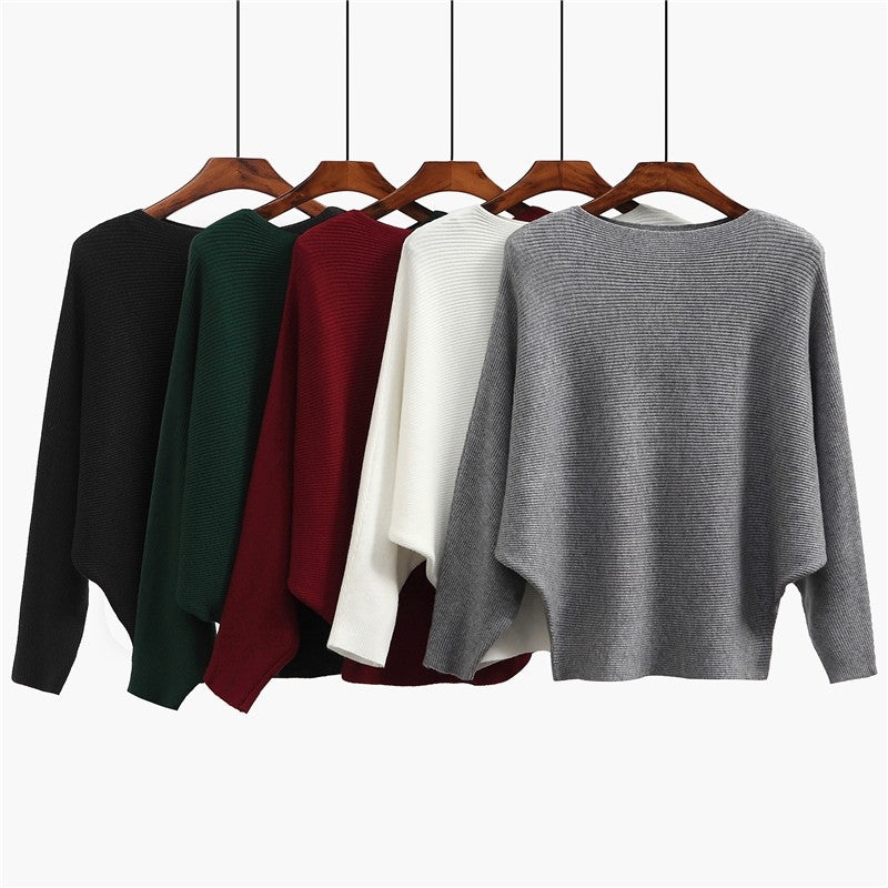 Solid Color One-Word Collar Bat Sleeve Knit Sweater