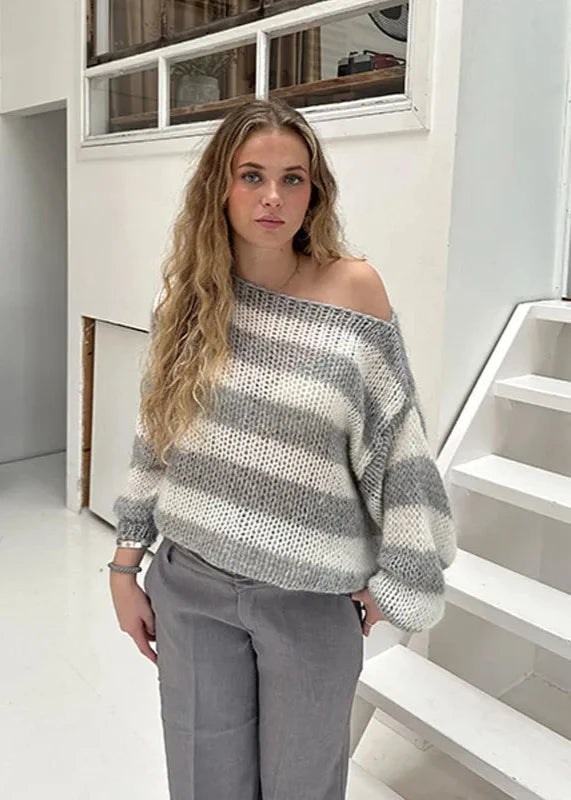 Relaxed Knit Off Shoulder Sweater With Stripes