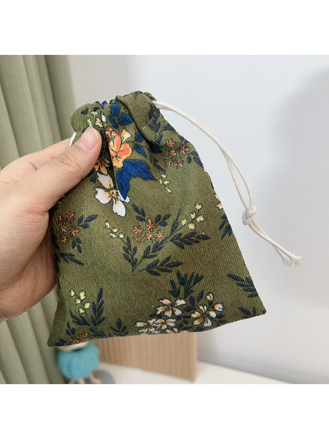 Cosbai - Corduroy Drawstring Pouch & Coin Purse with Floral Patterns