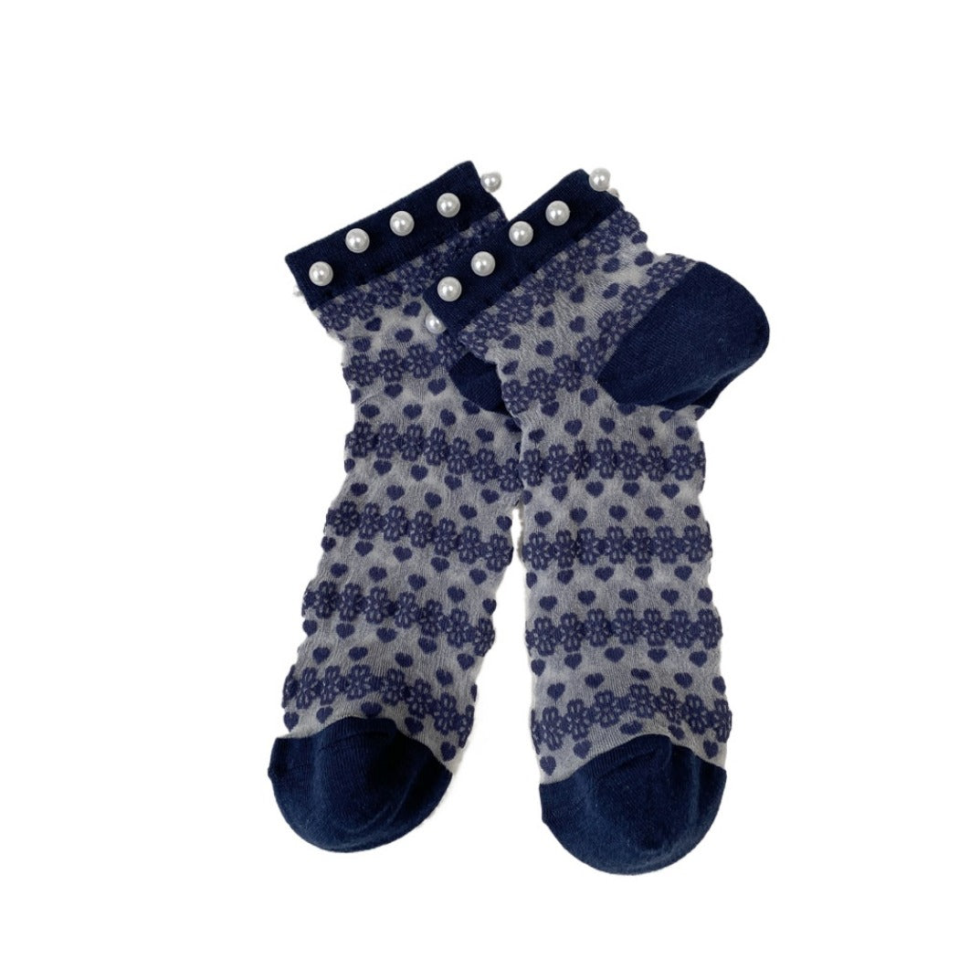 Rufia - Delicate Lace Ankle Socks with White Beads