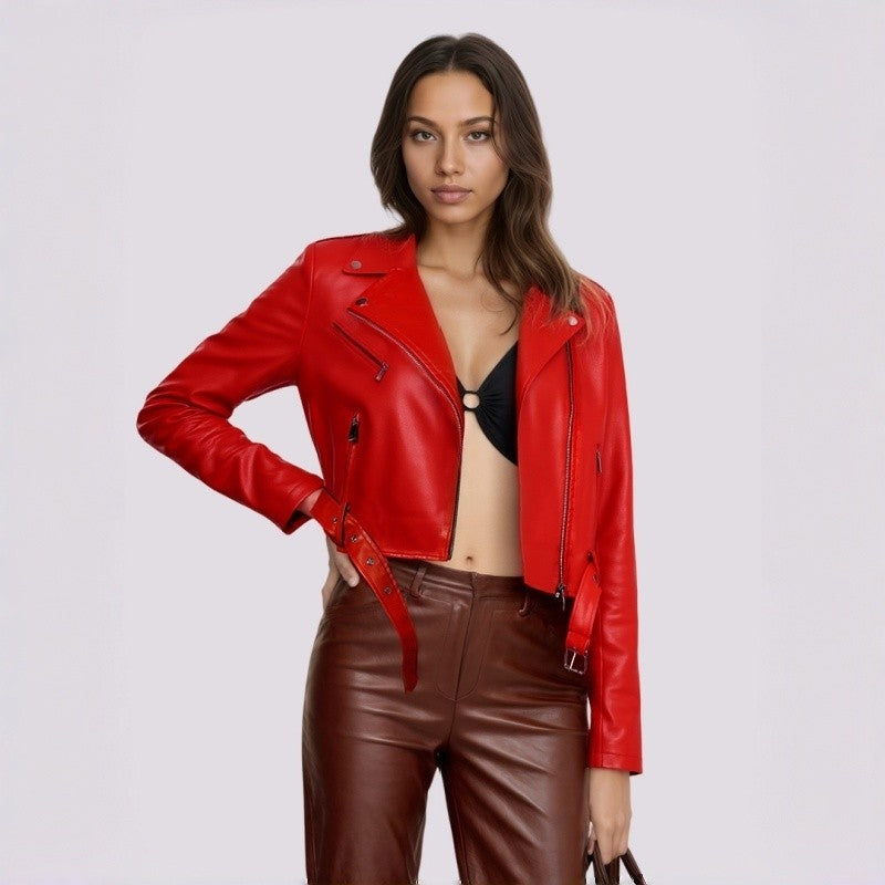 PU Retro Belted Biker Jacket Lapel Collar