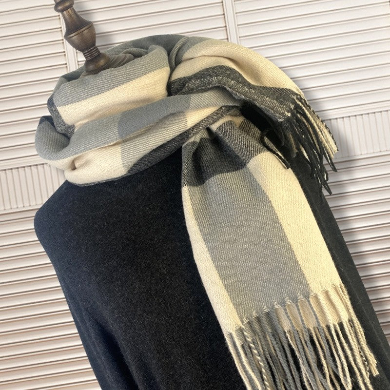 Contrast Color Plaid Imitation Cashmere Tassled Shawl Scarf