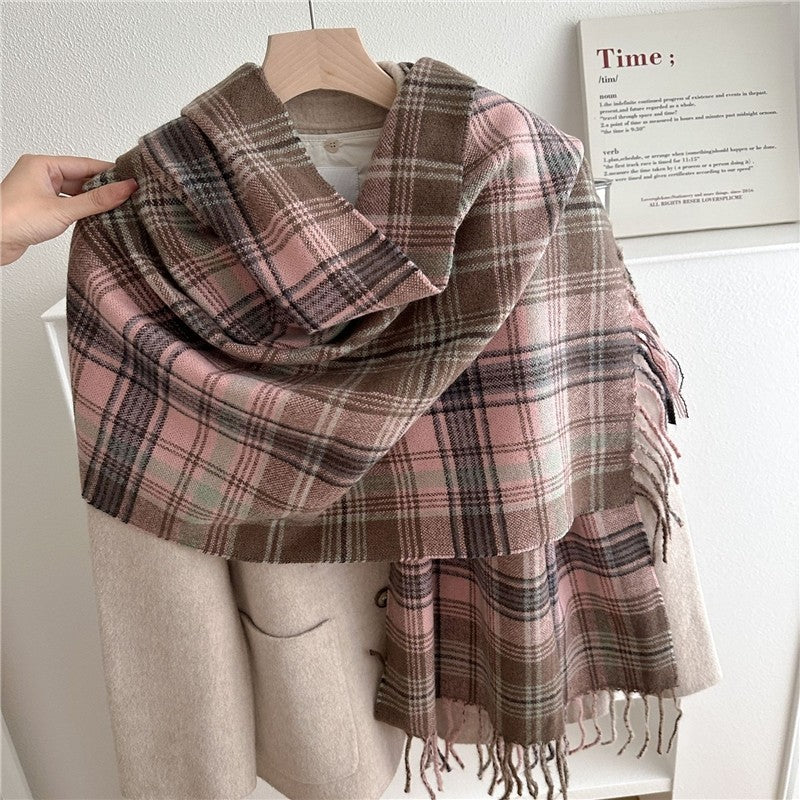 Color Block Plaid Fringe Scarf
