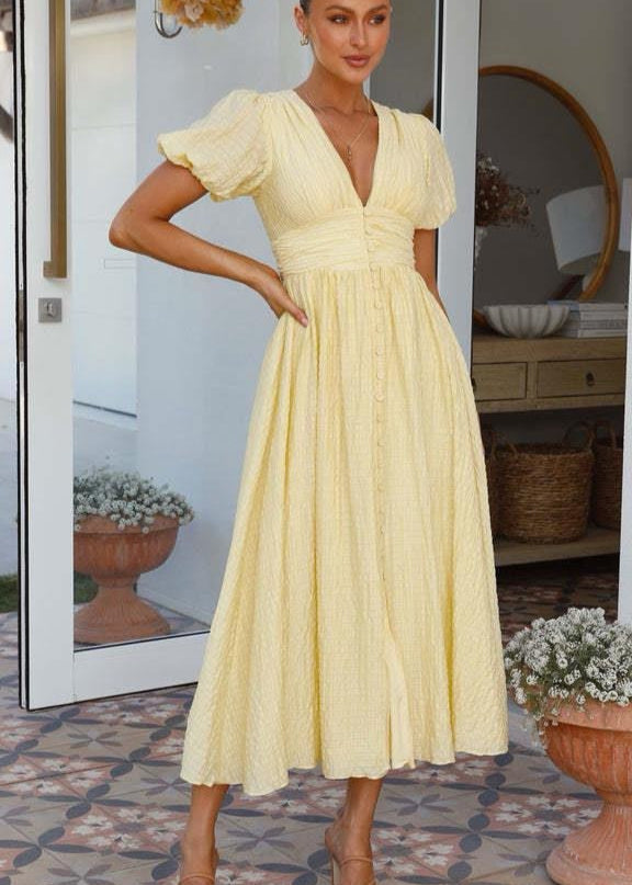 Smocked Midi Dress Light Textured Fabric Puff Sleeves