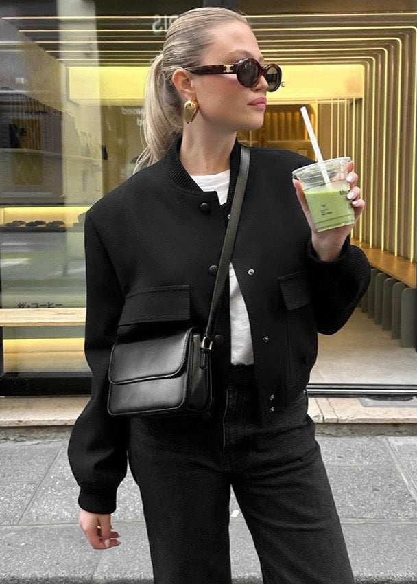 Cropped Cotton Bomber Jacket With Snap Buttons