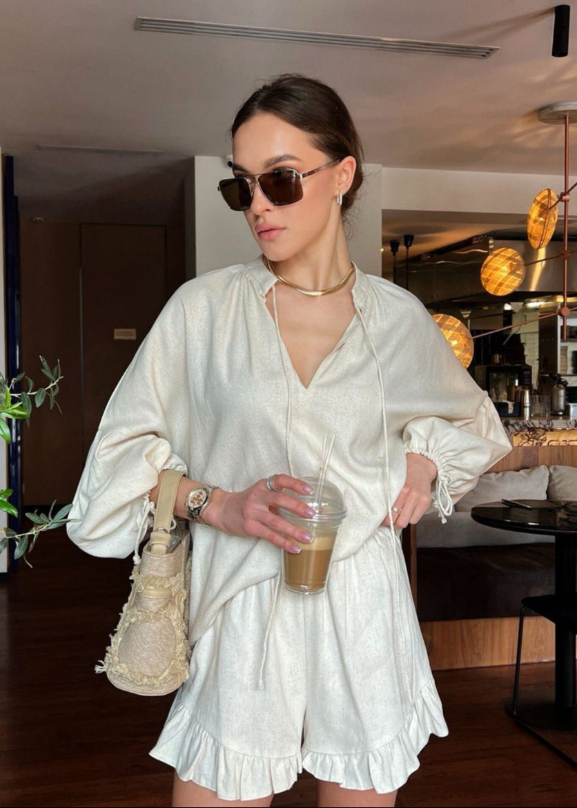 Cotton Lounge Set With Long Sleeve Top And Ruffled Shorts