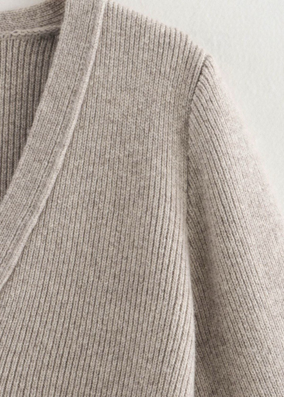 Ribbed Knit V Neck Cardigan Beige