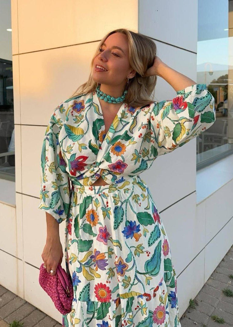 Floral Maxi Dress Polyester Blend Flutter Sleeves