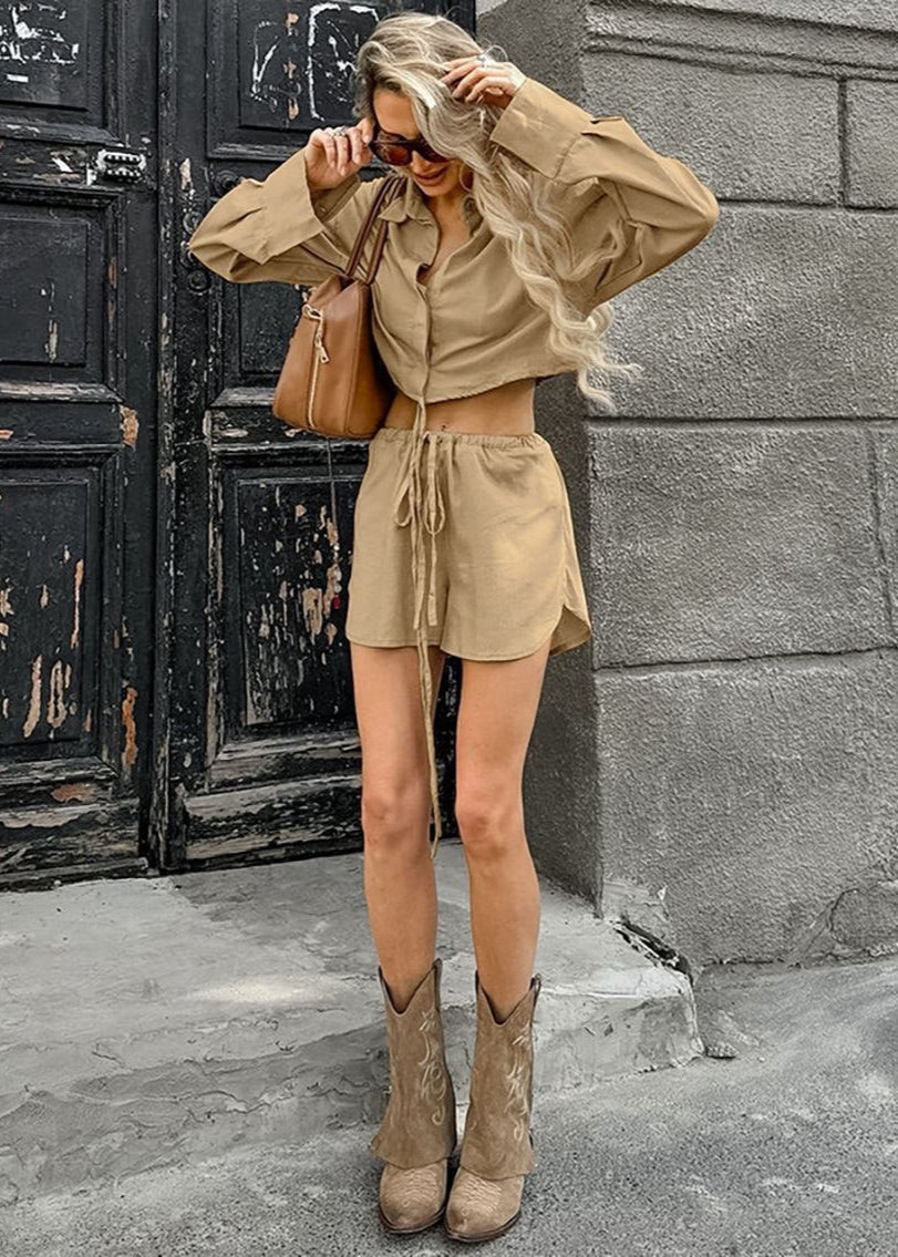 Cropped Shirt And Drawstring Shorts Set In Cotton
