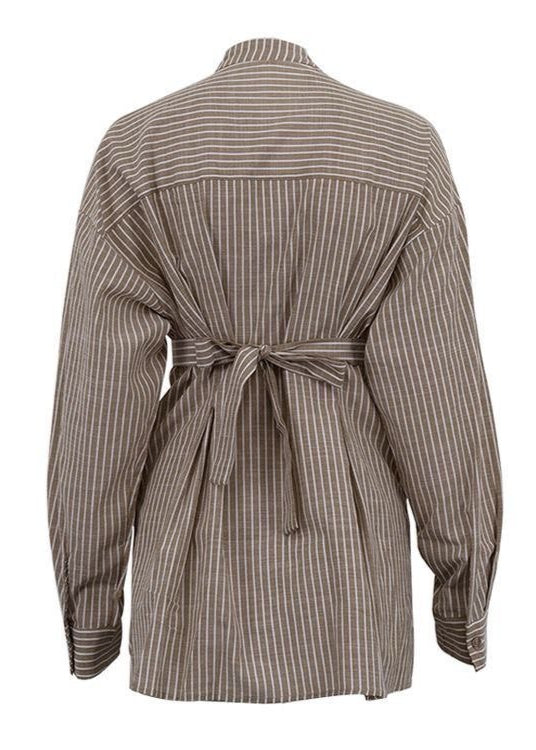 Striped Cotton Blend Tie Waist Shirt Blouse