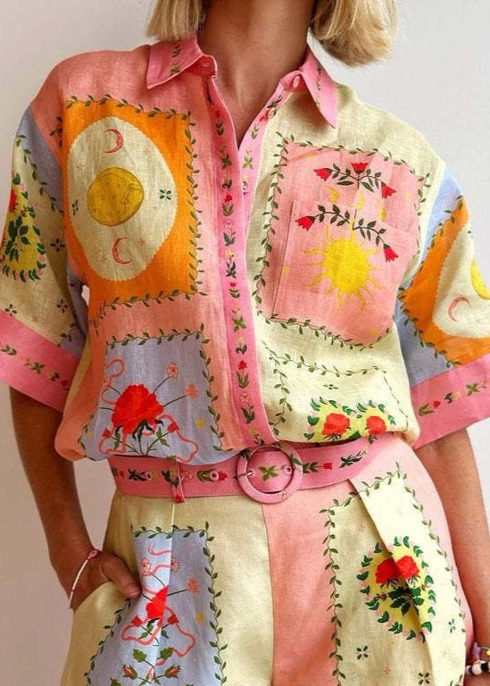 Linen Shirt and Shorts Set with Embroidery