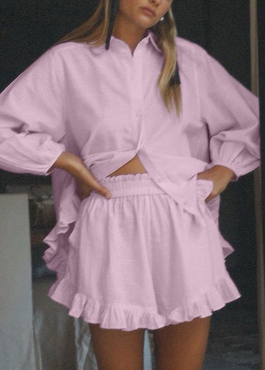 Striped Cotton Button Up Top And Shorts Set