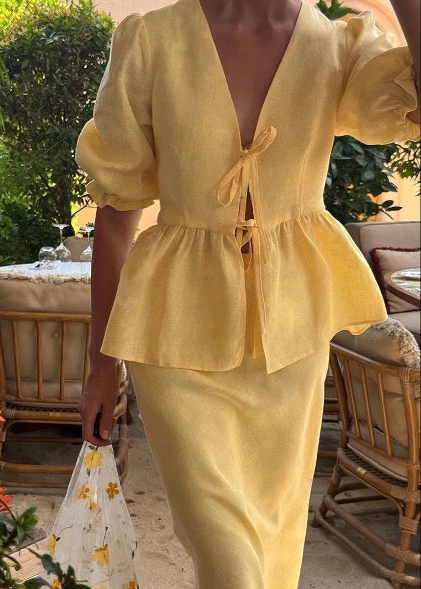 Cotton Puff Sleeve Set with Tie Waist Maxi Skirt