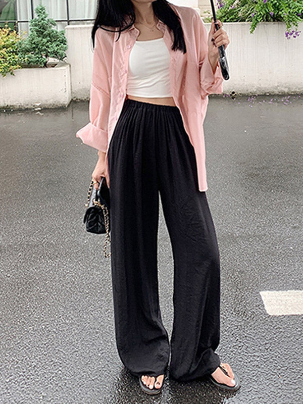 High Waisted Loose Elasticity Pleated Pockets Solid Color Pants