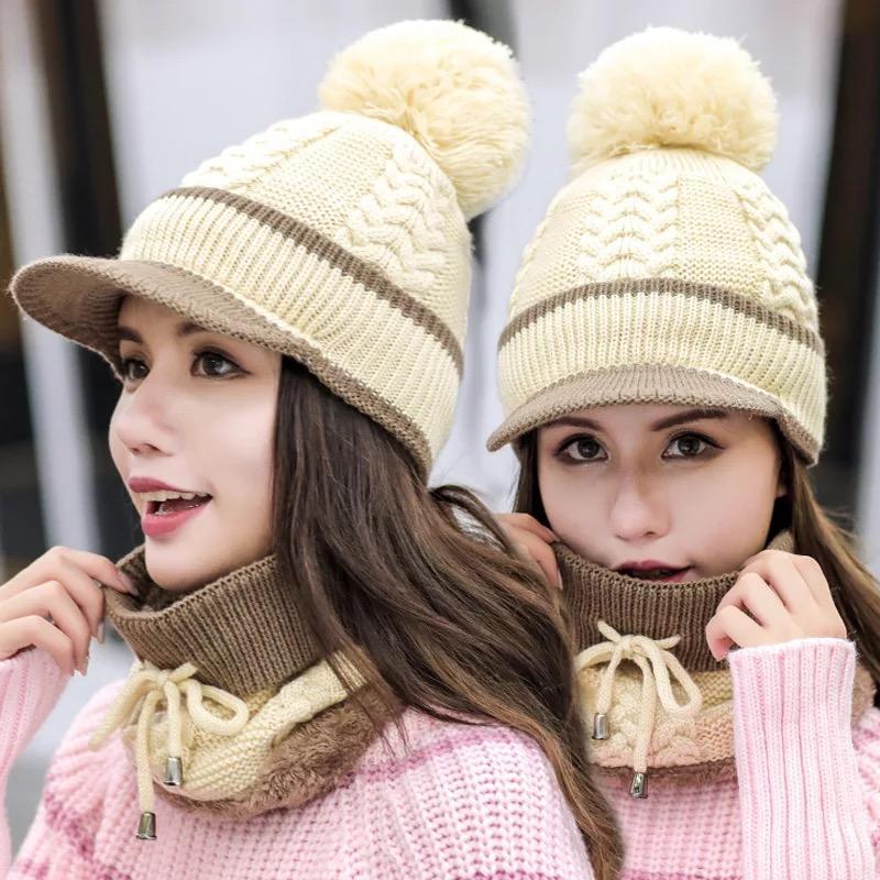 Winter Beanie Hat Scarf And Wind Proof Set 3 Pieces Thick Warm Knit Cap For Women