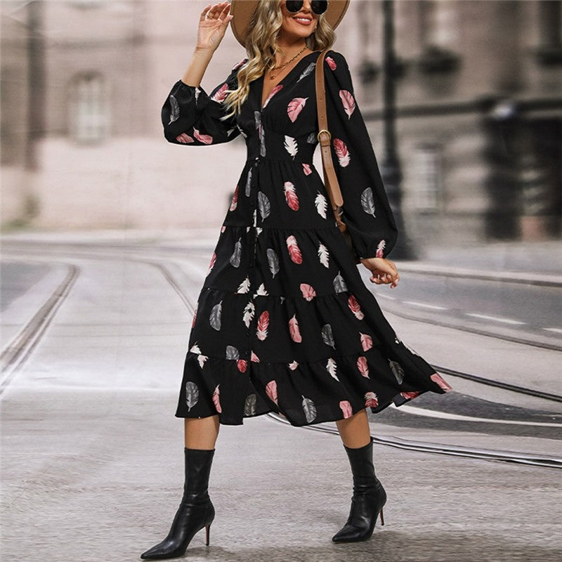 Women's V-Neck Balloon Sleeve Dress
