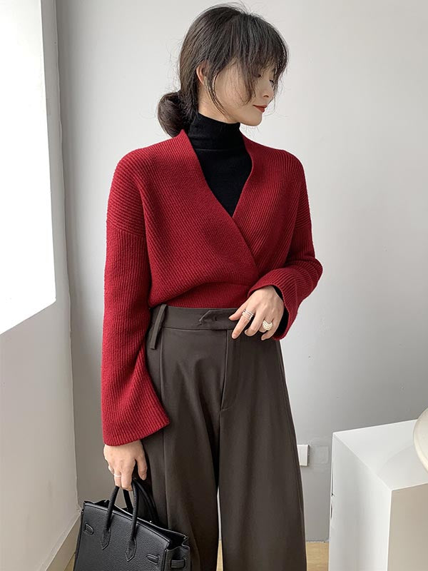 Stylish 6 Colors Knitting V-Neck Asymmetric Sweater