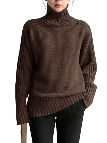 Loose Long Sleeves Solid Color High-Neck Sweater Tops