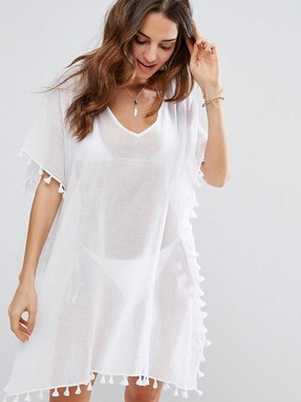 Crewneck Chiffon Fringed Dress Loose Fit Beach Blouse