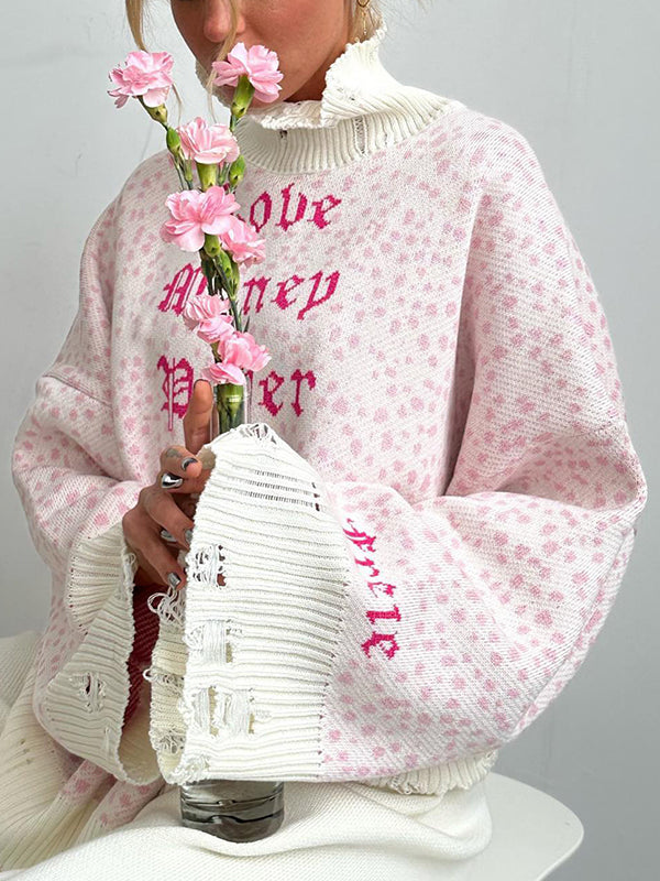 Long Sleeves Loose Hollow Knitted Letters Round-Neck Knitwear Pullovers Sweater Tops