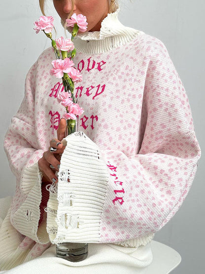 Long Sleeves Loose Hollow Knitted Letters Round-Neck Knitwear Pullovers Sweater Tops