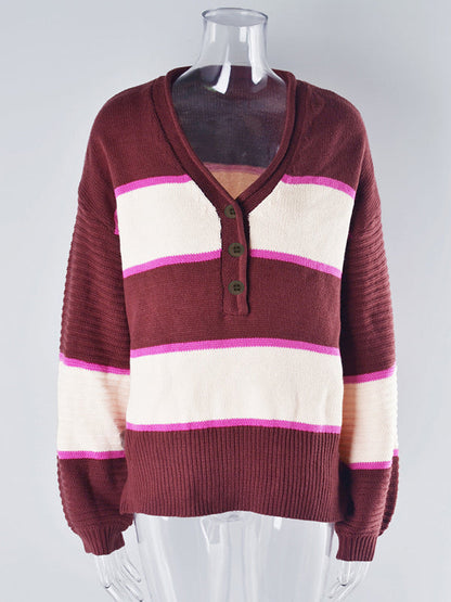 Casual Long Sleeves Loose Striped V-Neck Sweater Tops