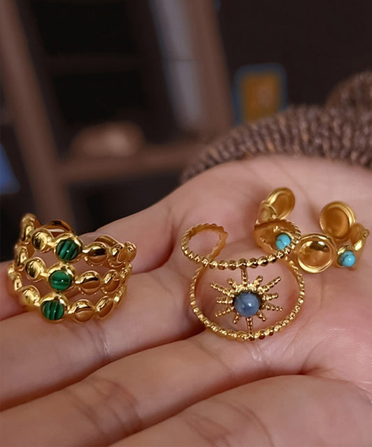 Boho Gold Sterling Silver Overgild Turquoise Gem Stone Ring Three Piece Set Ring