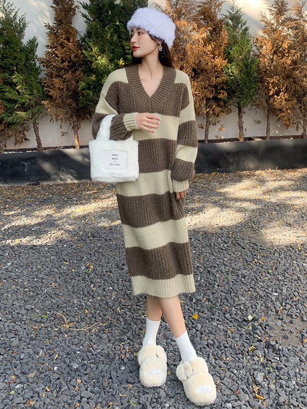 Stylish Loose Striped V-Neck Sweater Dresses