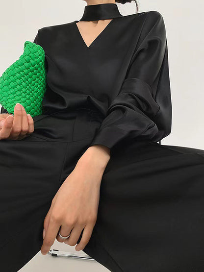 Wrap Hollow Solid Color V-Neck Blouses&Shirts Tops