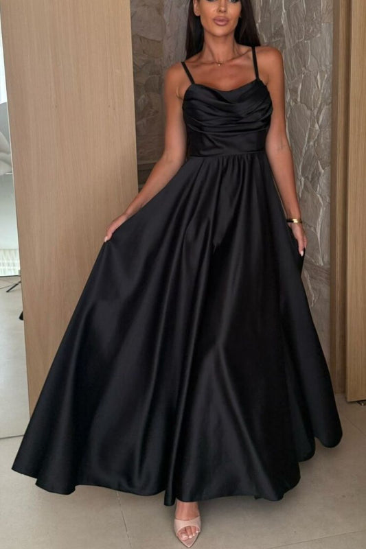 Solid Color Suspender Back Pleated Elegant Slit Full Hem Maxi Dress