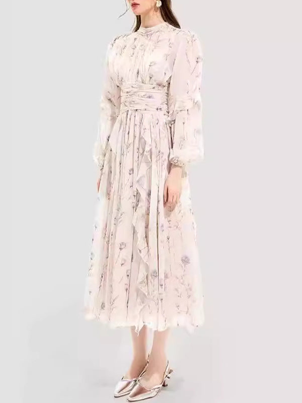 Floral Printed Long Sleeves Ruffled Elegant Chiffon Maxi Dresses