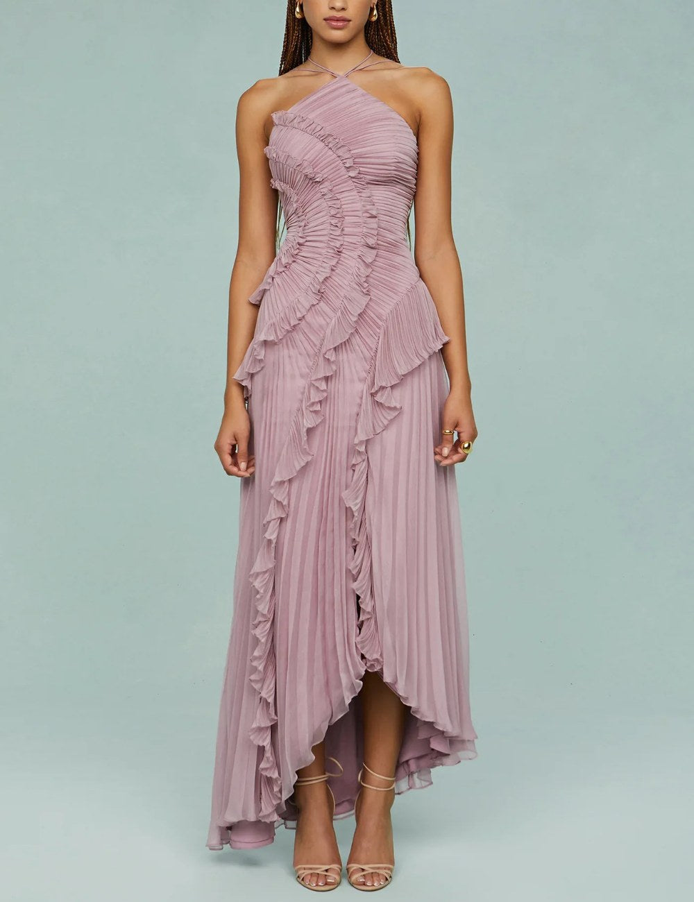 Flounce Pleated Halter Irregular Midi Dress