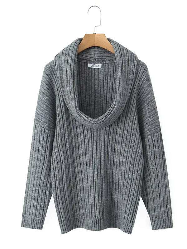 Long Sleeves Loose Pleated Solid Color Split-Joint Off-The-Shoulder Sweater