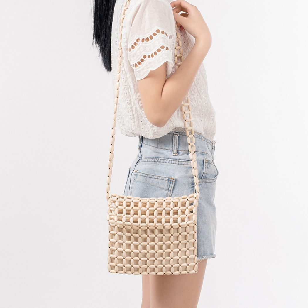 Cosbai - Wooden Bead Woven Crossbody Bag - Stylish &amp; Classic