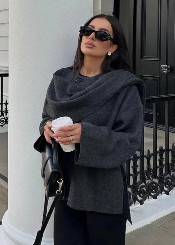 Knit Cardigan Coat With Asymmetric Scarf Design