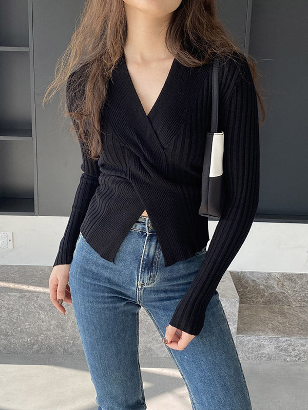 Long Sleeves Loose Knot Solid Color V-Neck Pullovers Sweater Tops