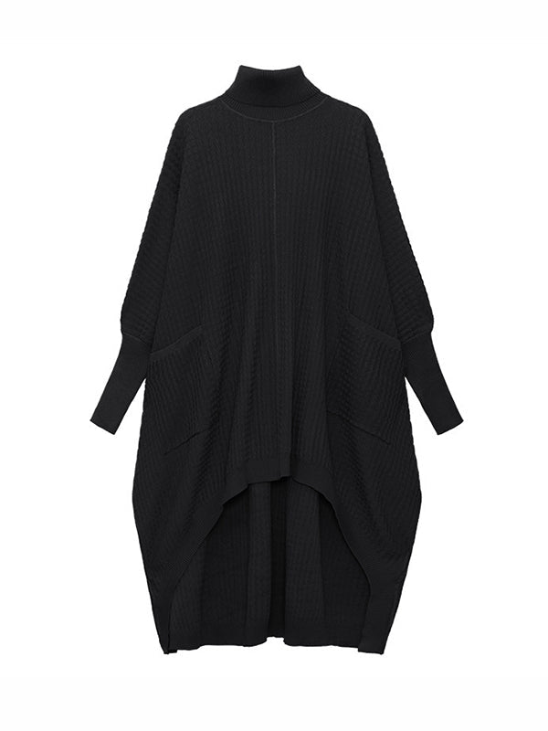 Batwing Sleeves High-Low Pockets Solid Color Split-Joint High-Neck Midi Dresses Sweater