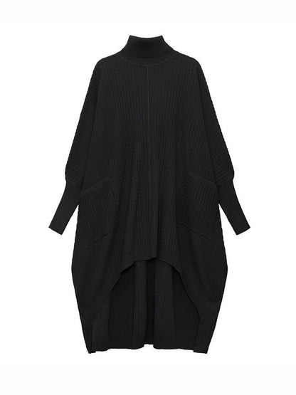Batwing Sleeves High-Low Pockets Solid Color Split-Joint High-Neck Midi Dresses Sweater