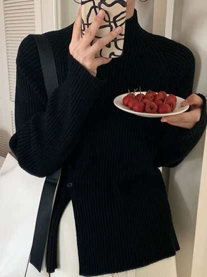 Urban Long Sleeves Split-Side Solid Color High-Neck Sweater Tops Pullovers