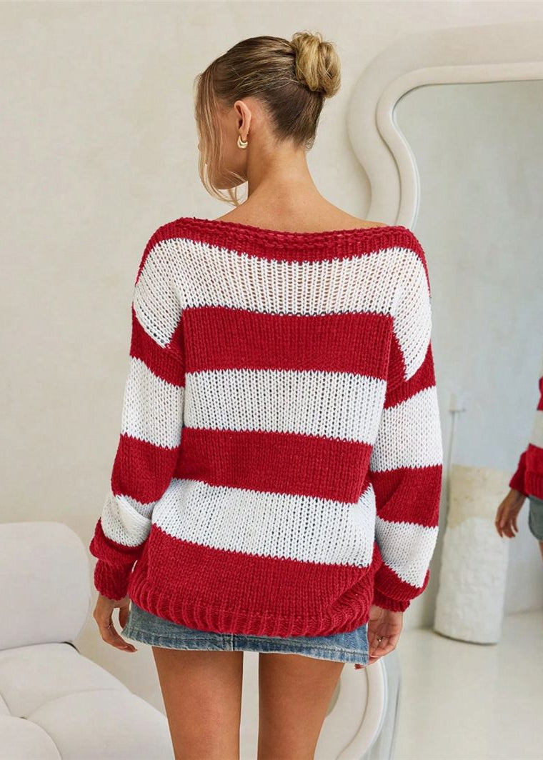 Striped Knit Boat Neck Sweater Navy White